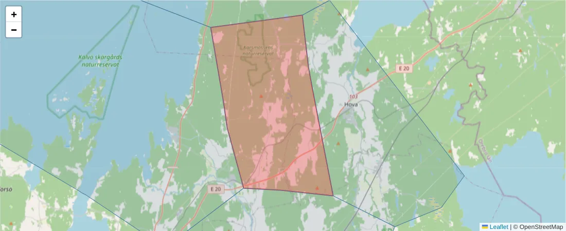 Karta över postnummerområdet  och angränsande postnummer i Sverige