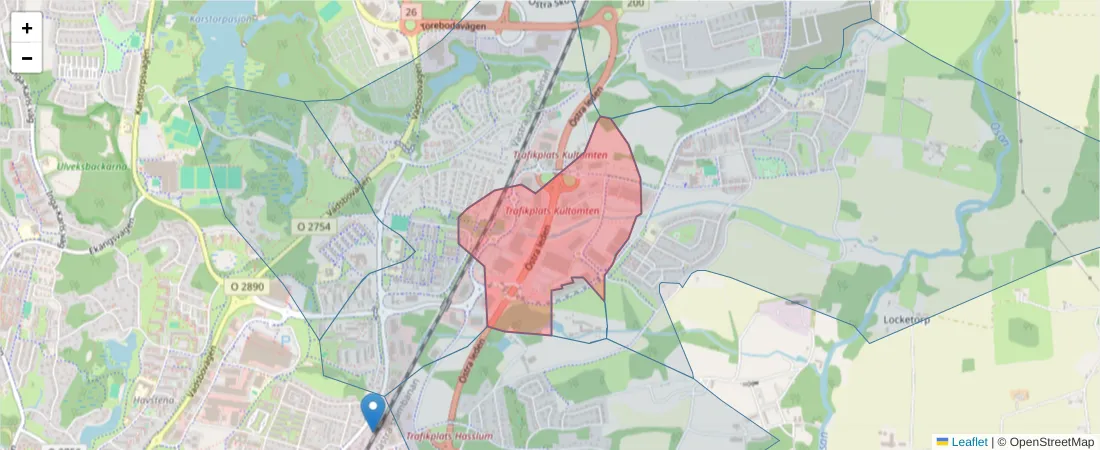 Karta över postnummerområdet  och angränsande postnummer i Sverige