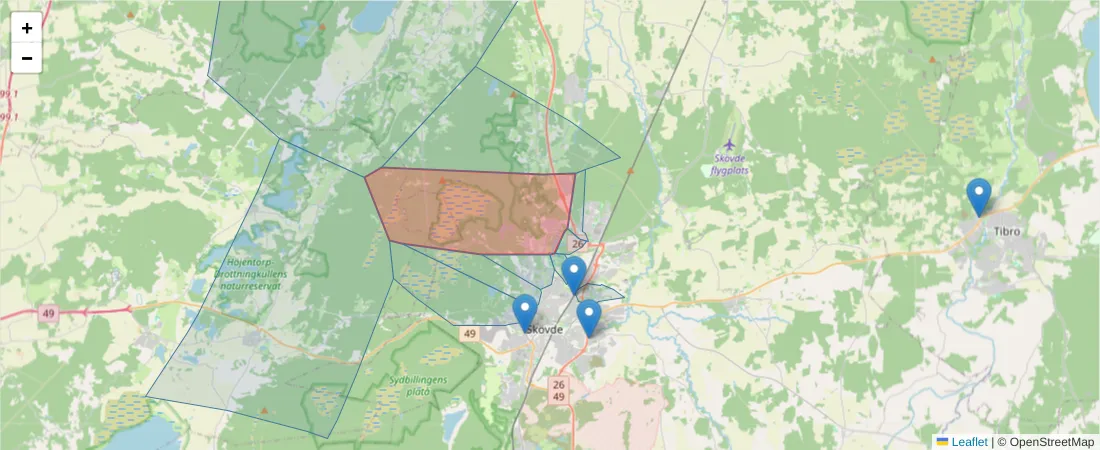 Karta över postnummerområdet  och angränsande postnummer i Sverige