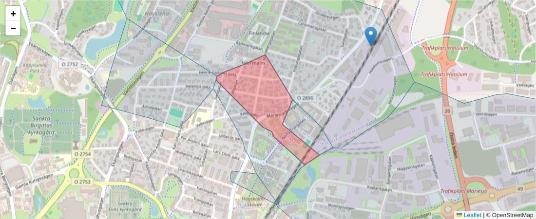 Karta över postnummerområdet  och angränsande postnummer i Sverige