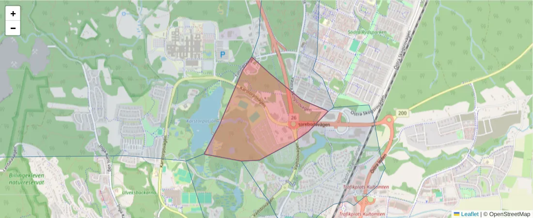 Karta över postnummerområdet  och angränsande postnummer i Sverige
