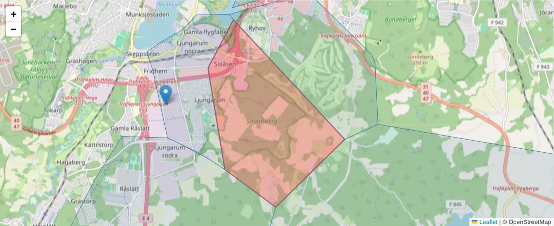 Karta över postnummerområdet  och angränsande postnummer i Sverige