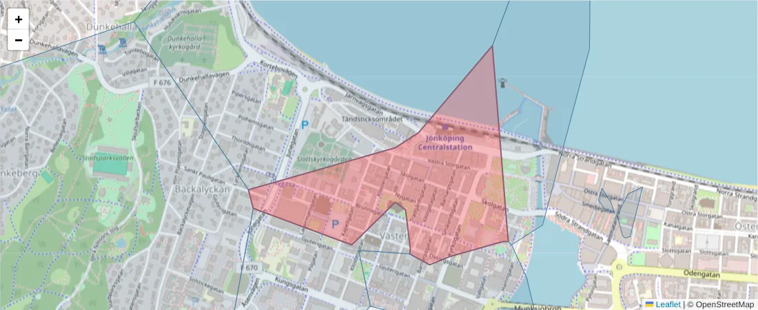 Karta över postnummerområdet  och angränsande postnummer i Sverige