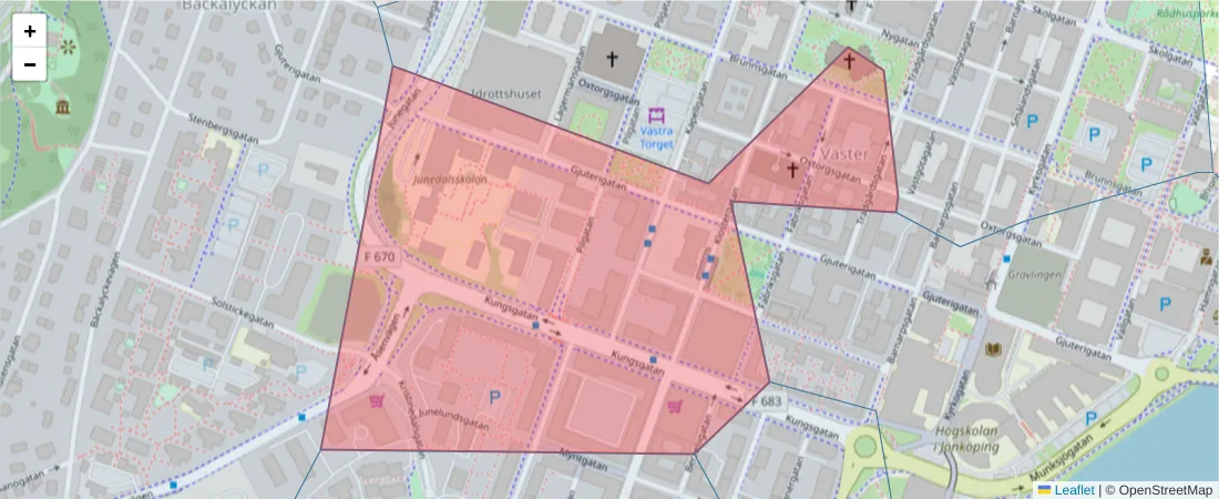Karta över postnummerområdet  och angränsande postnummer i Sverige