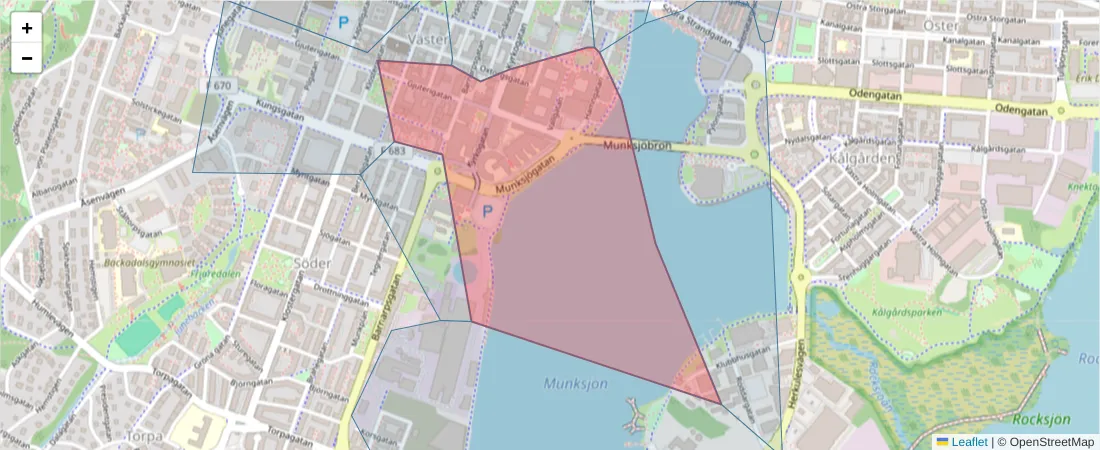Karta över postnummerområdet  och angränsande postnummer i Sverige