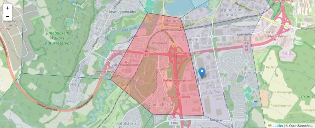 Karta över postnummerområdet  och angränsande postnummer i Sverige