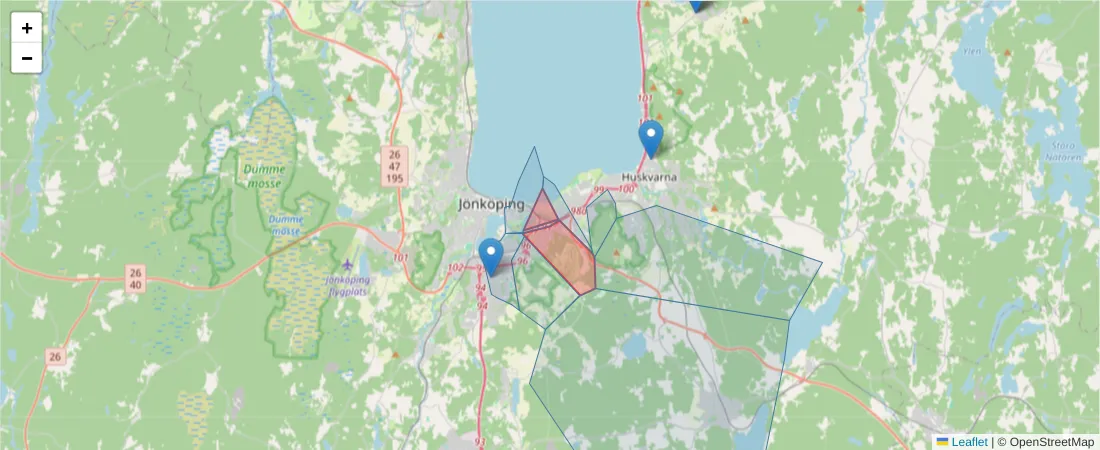 Karta över postnummerområdet  och angränsande postnummer i Sverige