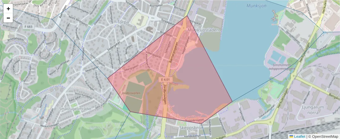 Karta över postnummerområdet  och angränsande postnummer i Sverige