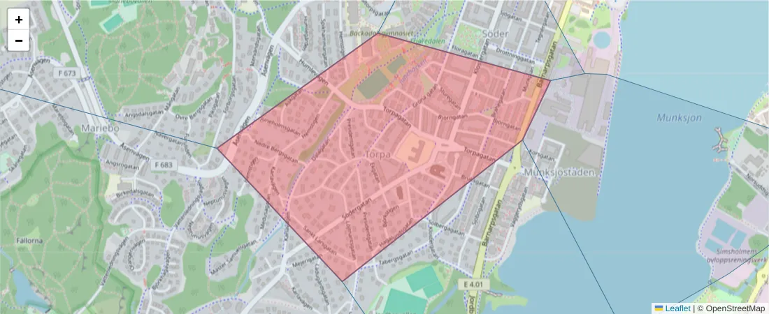 Karta över postnummerområdet  och angränsande postnummer i Sverige