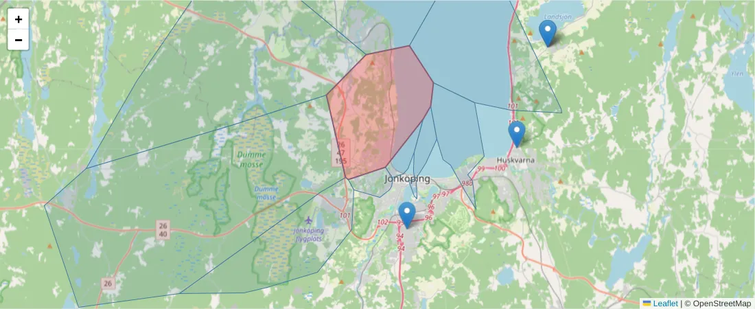Karta över postnummerområdet  och angränsande postnummer i Sverige