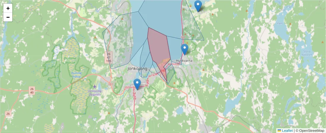 Karta över postnummerområdet  och angränsande postnummer i Sverige