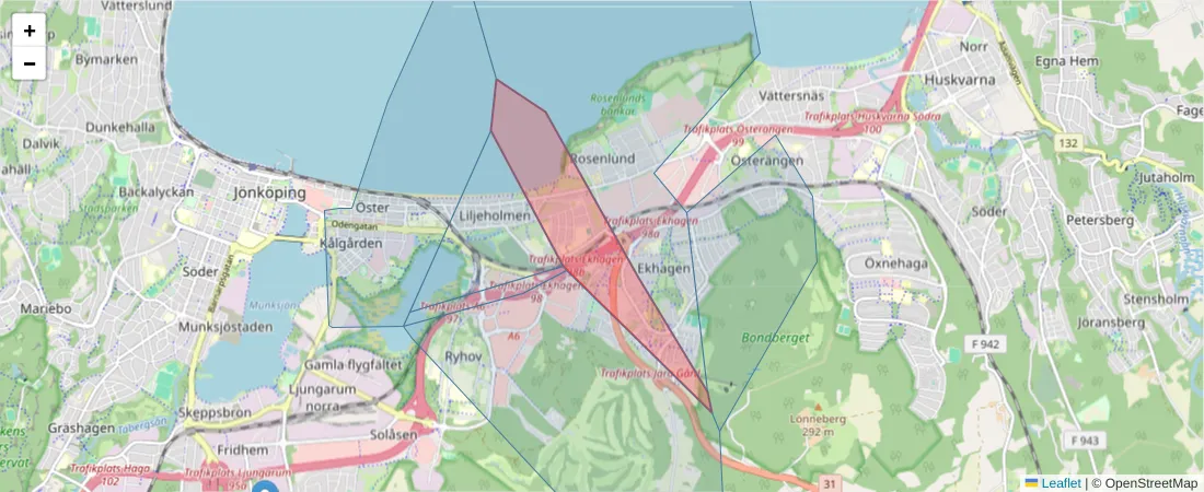 Karta över postnummerområdet  och angränsande postnummer i Sverige