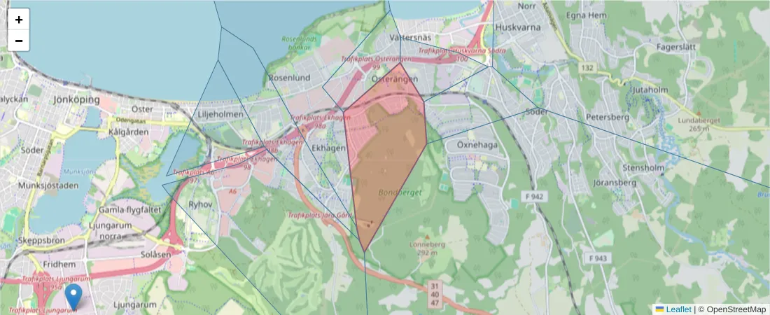 Karta över postnummerområdet  och angränsande postnummer i Sverige