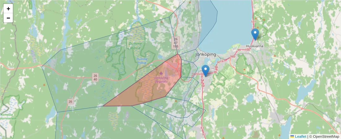 Karta över postnummerområdet  och angränsande postnummer i Sverige