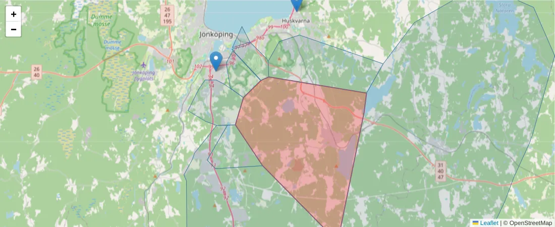 Karta över postnummerområdet  och angränsande postnummer i Sverige