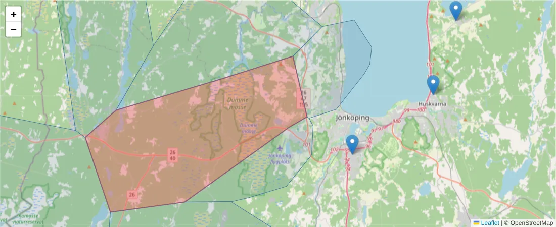 Karta över postnummerområdet  och angränsande postnummer i Sverige