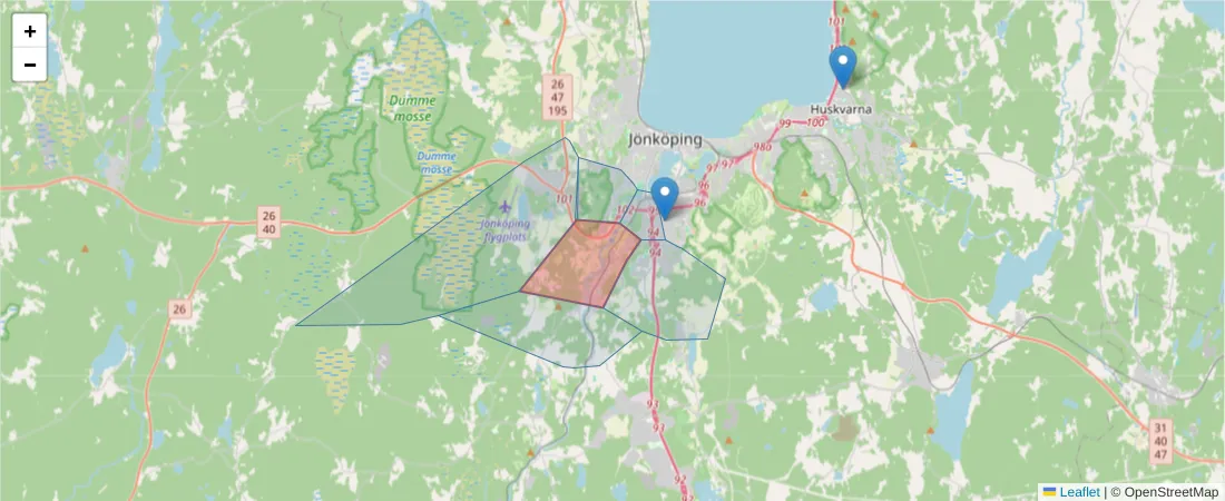 Karta över postnummerområdet  och angränsande postnummer i Sverige