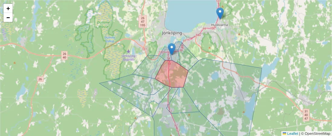 Karta över postnummerområdet  och angränsande postnummer i Sverige