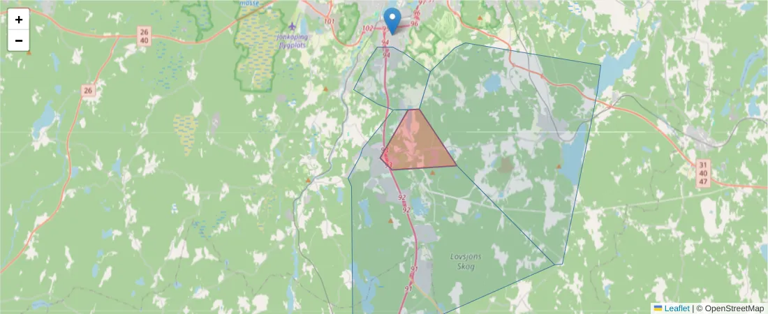 Karta över postnummerområdet  och angränsande postnummer i Sverige