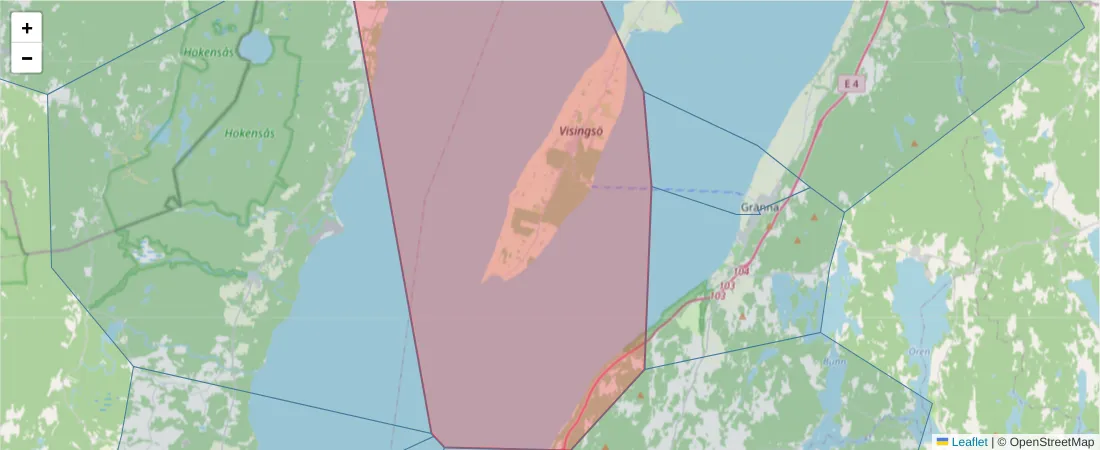 Karta över postnummerområdet  och angränsande postnummer i Sverige