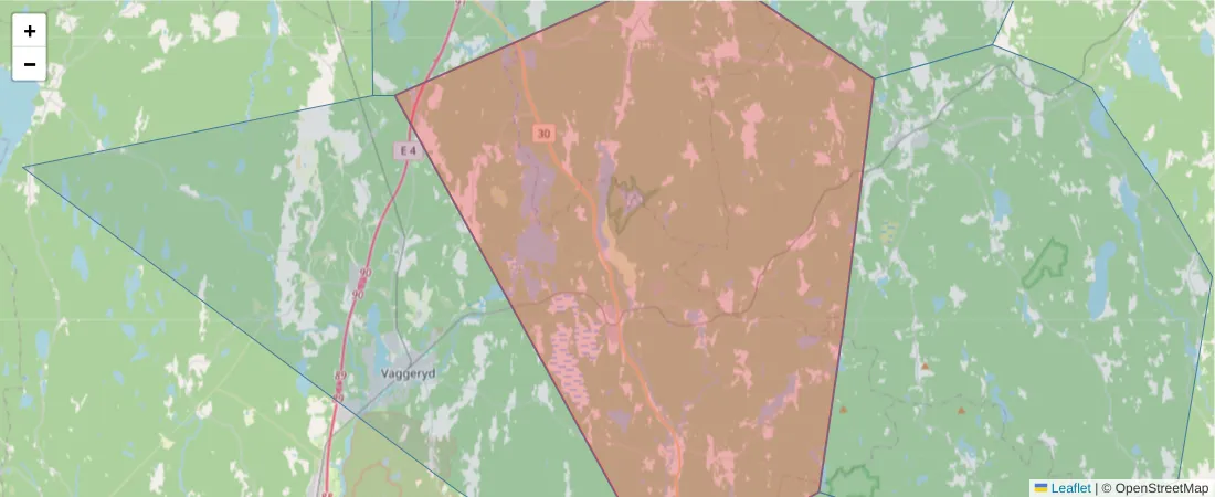 Karta över postnummerområdet  och angränsande postnummer i Sverige