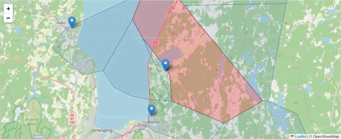 Karta över postnummerområdet  och angränsande postnummer i Sverige