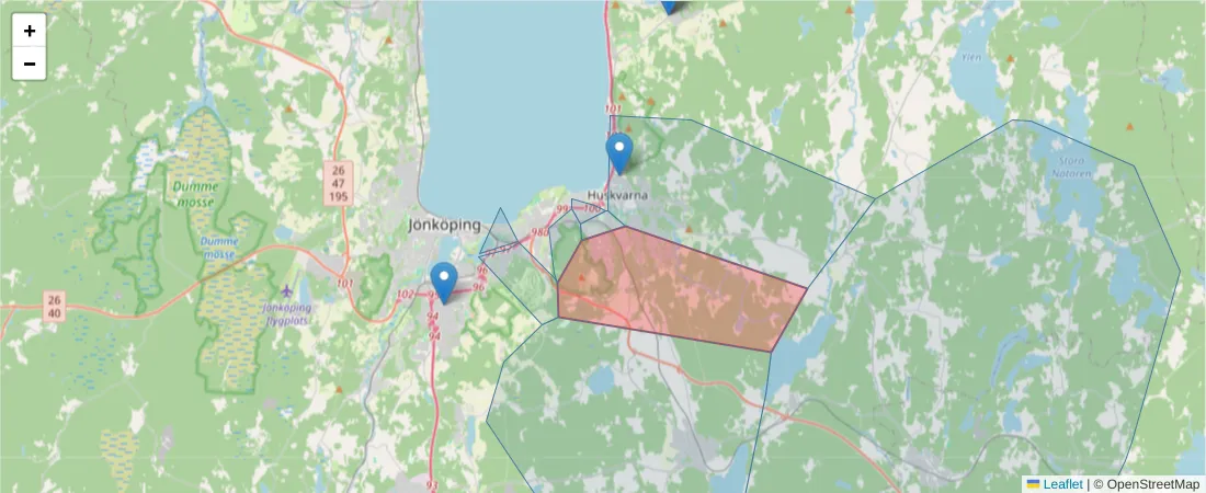 Karta över postnummerområdet  och angränsande postnummer i Sverige