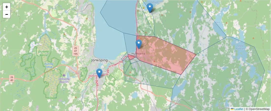 Karta över postnummerområdet  och angränsande postnummer i Sverige
