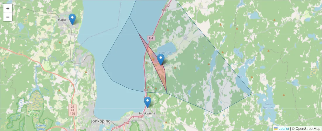 Karta över postnummerområdet  och angränsande postnummer i Sverige