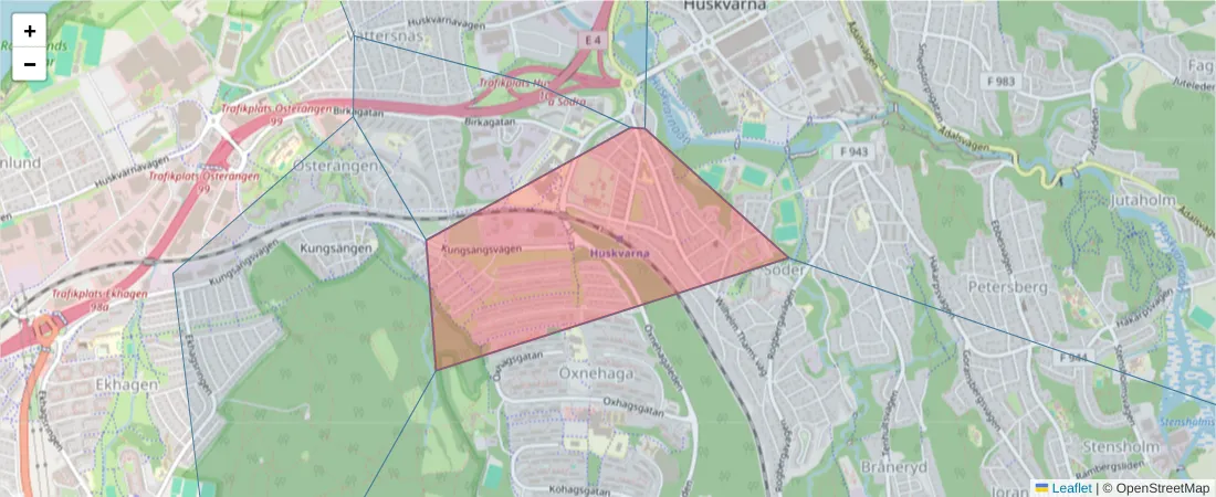 Karta över postnummerområdet  och angränsande postnummer i Sverige
