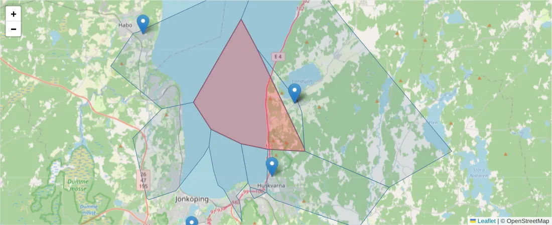 Karta över postnummerområdet  och angränsande postnummer i Sverige