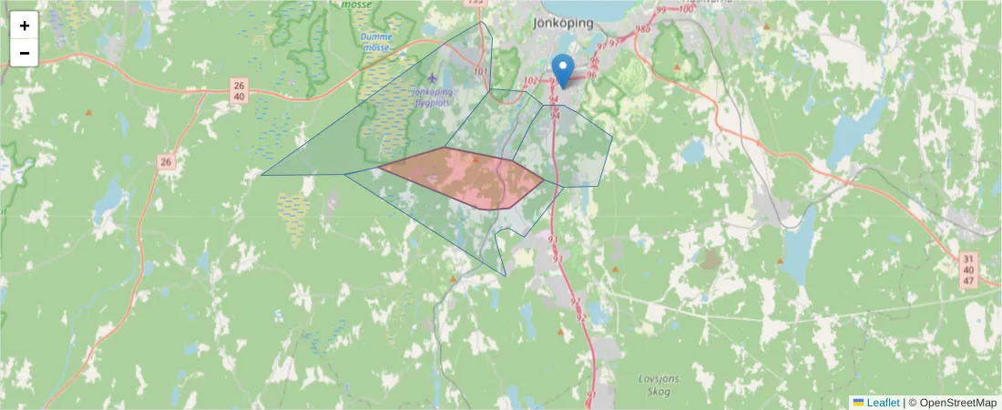 Karta över postnummerområdet  och angränsande postnummer i Sverige