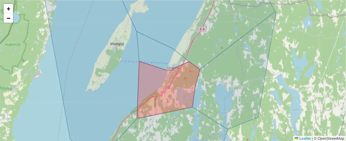 Karta över postnummerområdet  och angränsande postnummer i Sverige