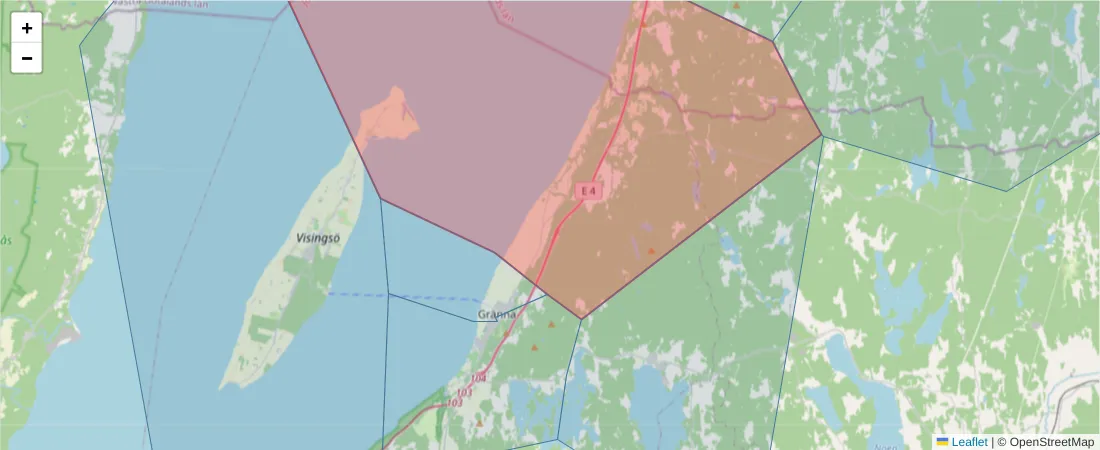 Karta över postnummerområdet  och angränsande postnummer i Sverige