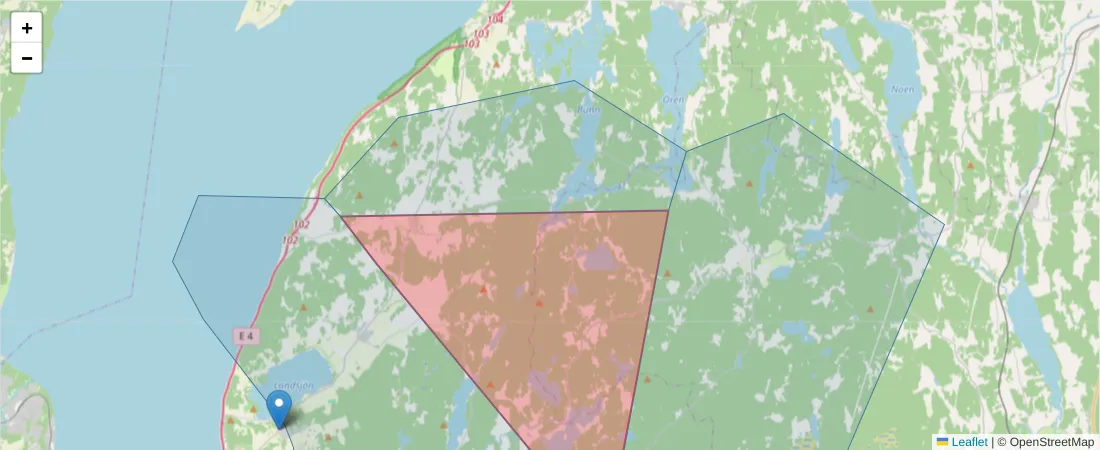 Karta över postnummerområdet  och angränsande postnummer i Sverige