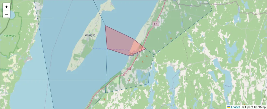 Karta över postnummerområdet  och angränsande postnummer i Sverige