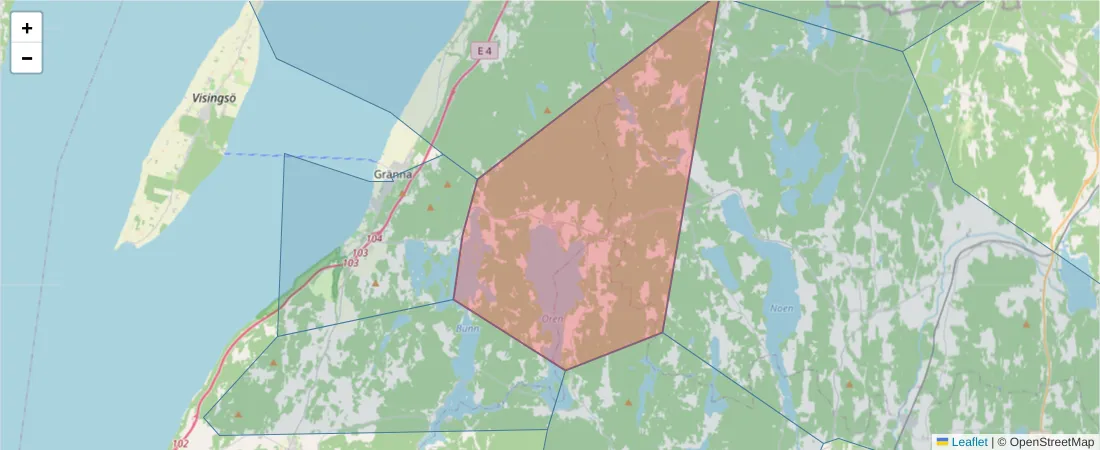 Karta över postnummerområdet  och angränsande postnummer i Sverige