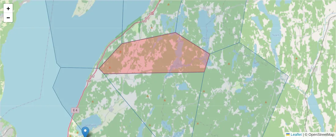 Karta över postnummerområdet  och angränsande postnummer i Sverige