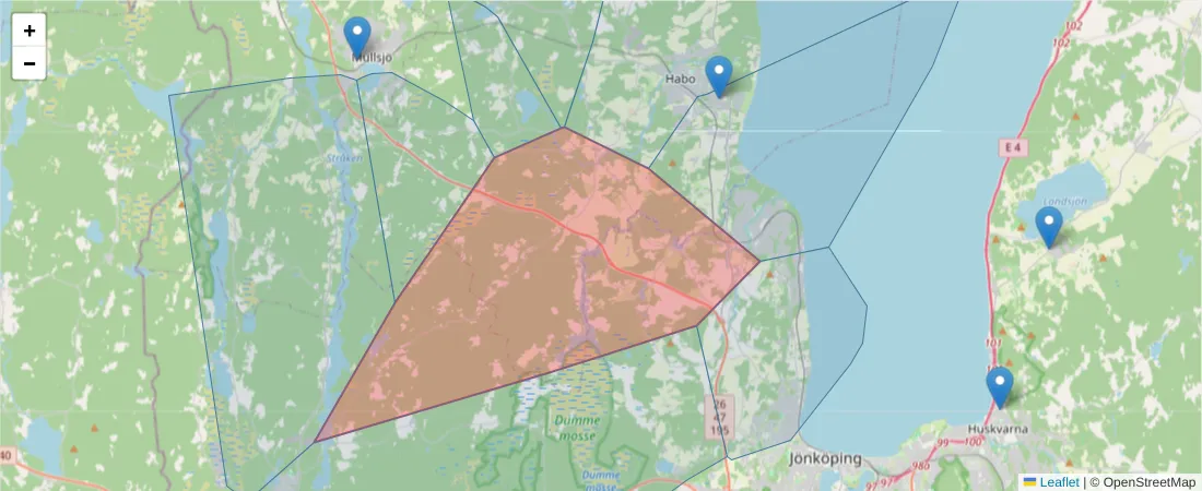 Karta över postnummerområdet  och angränsande postnummer i Sverige