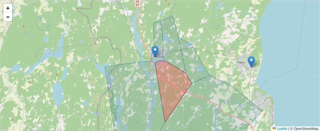 Karta över postnummerområdet  och angränsande postnummer i Sverige