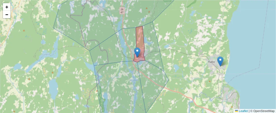 Karta över postnummerområdet  och angränsande postnummer i Sverige