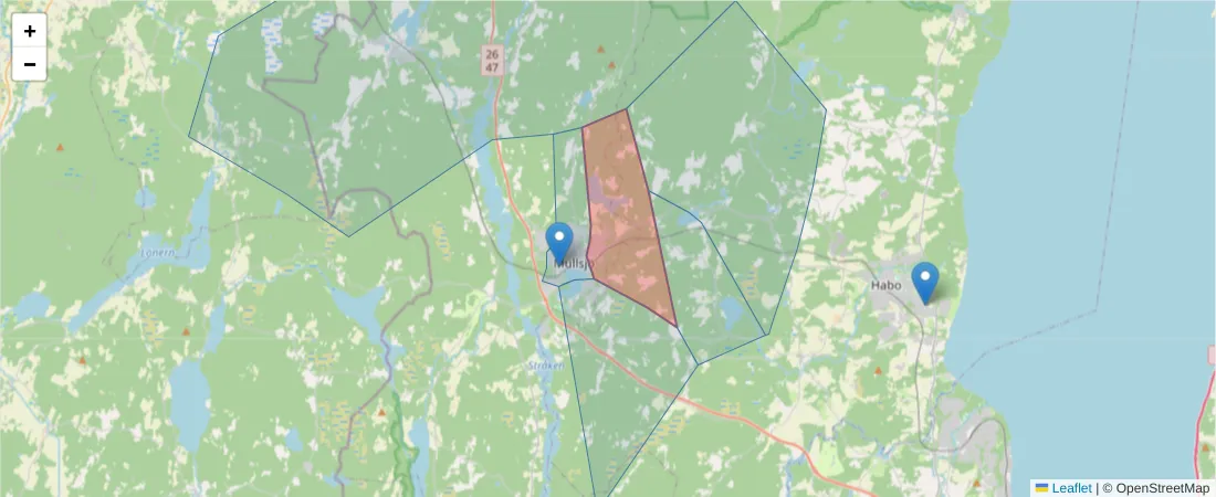 Karta över postnummerområdet  och angränsande postnummer i Sverige