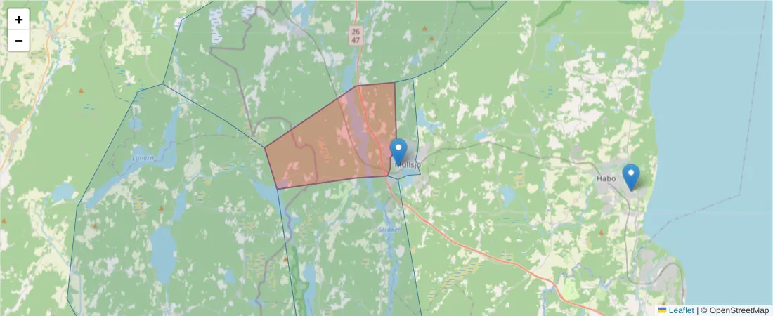 Karta över postnummerområdet  och angränsande postnummer i Sverige