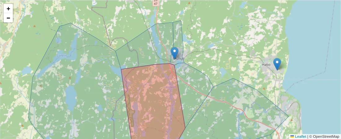 Karta över postnummerområdet  och angränsande postnummer i Sverige