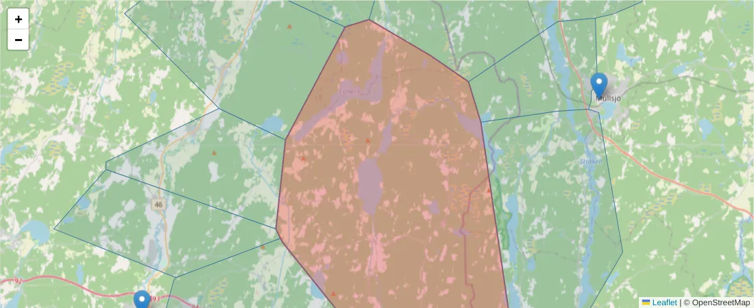 Karta över postnummerområdet  och angränsande postnummer i Sverige