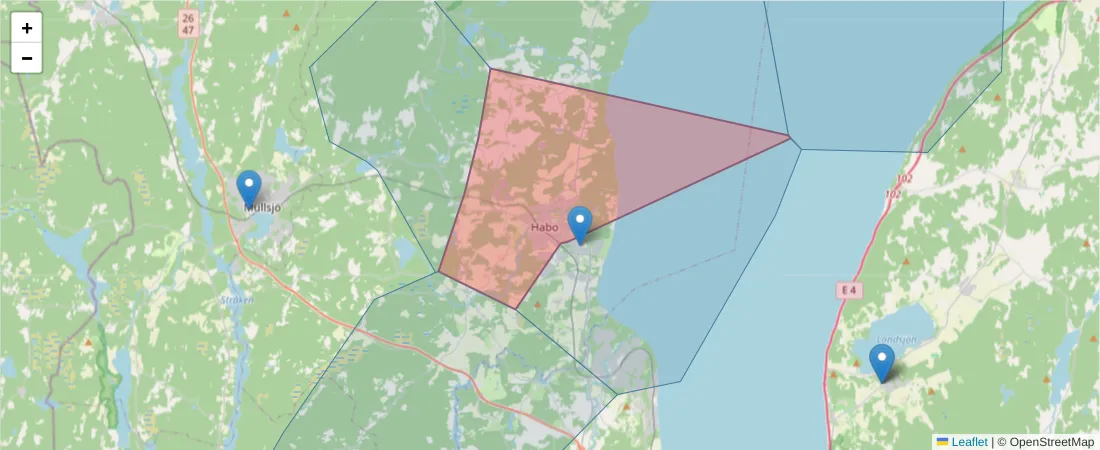 Karta över postnummerområdet  och angränsande postnummer i Sverige