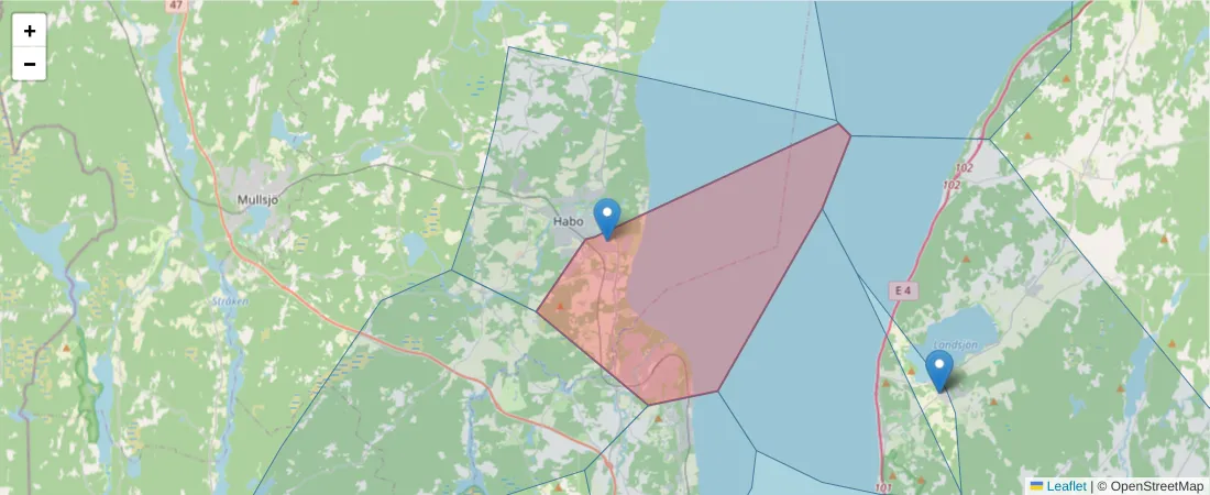 Karta över postnummerområdet  och angränsande postnummer i Sverige