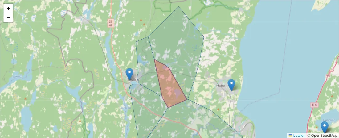 Karta över postnummerområdet  och angränsande postnummer i Sverige