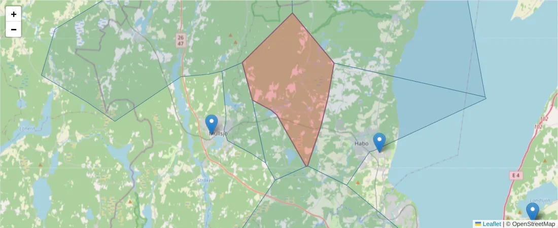 Karta över postnummerområdet  och angränsande postnummer i Sverige