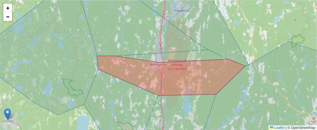 Karta över postnummerområdet  och angränsande postnummer i Sverige